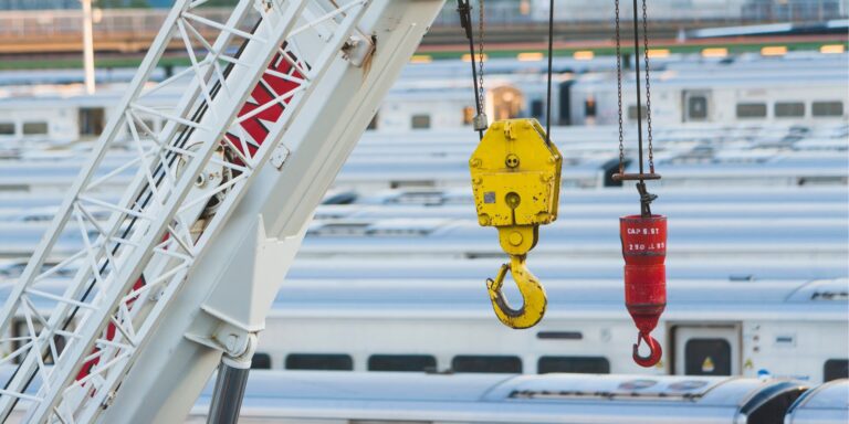 Industrial crane hook suspended above rail carriages, demonstrating EN 13155 lifting accessory standards for CE and UKCA compliance in material handling operations.