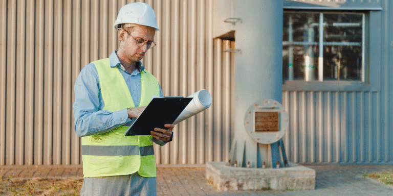 Engineer in high-visibility vest and hard hat inspecting technical file content on-site to ensure lifting accessories meet EN 13155 requirements and are CE and UKCA compliant.