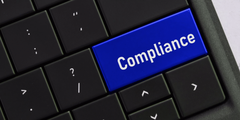 Close-up of a keyboard with a blue compliance key, emphasizing EN 13155 Lifting Accessories regulations and the importance of CE and UKCA compliance in industrial equipment safety.